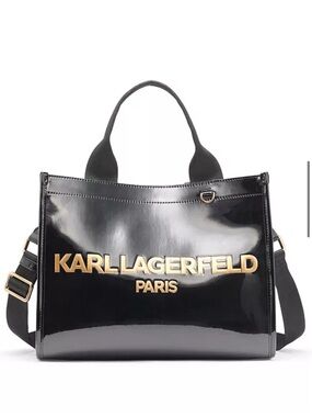 Karl Lagerfeld Black Patent Tote with Gold Logo